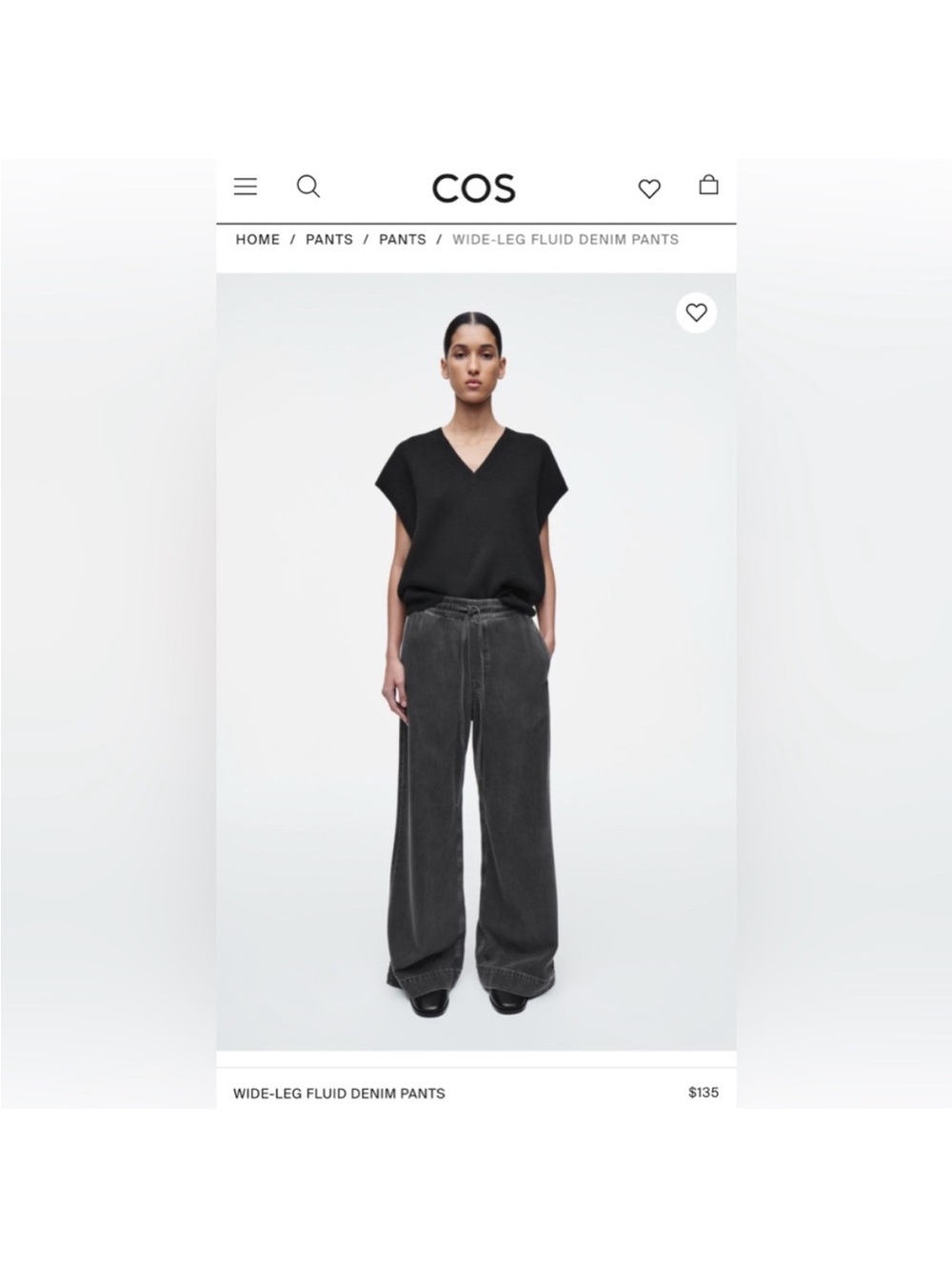 COS Wide-Leg Fluid Denim Pants — Charcoal Black